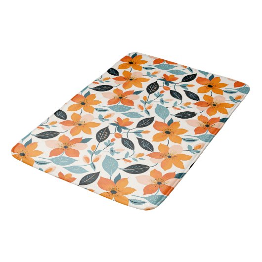 Sinaasappel en blauw gebladerte en bloemen badmat (Gekanteld)