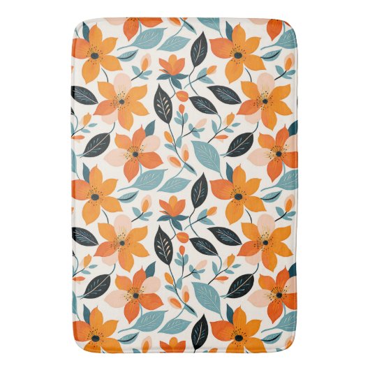 Sinaasappel en blauw gebladerte en bloemen badmat (Voorkant Verticaal)