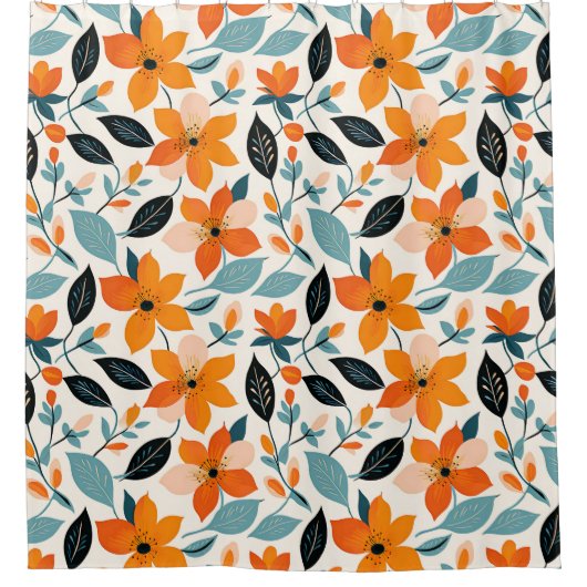 Sinaasappel en blauw gebladerte en bloemen douchegordijn (Voorkant)