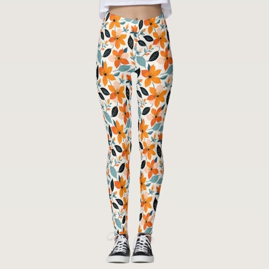 Sinaasappel en blauw gebladerte en bloemen leggings (Voorkant)