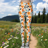Sinaasappel en blauw gebladerte en bloemen leggings