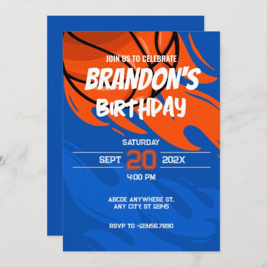 Sinaasappel en blauw speels Basketbal vuur verjaar Kaart (Voorkant / Achterkant)