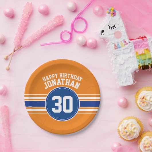 Sinaasappel en Blauw Verjaardagssporten Thema Papieren Bordje (Feest)