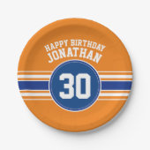 Sinaasappel en Blauw Verjaardagssporten Thema Papieren Bordje (Voorkant)