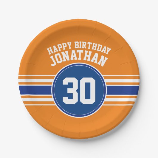 Sinaasappel en Blauw Verjaardagssporten Thema Papieren Bordje (Voorkant)