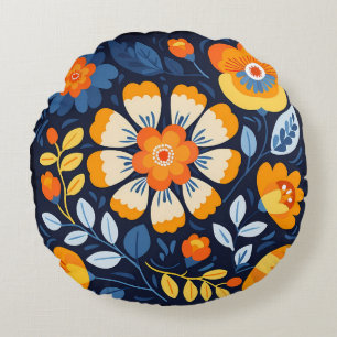 Sinaasappel en Blauw Vetgedrukte Retro Bloemen Ill Rond Kussen