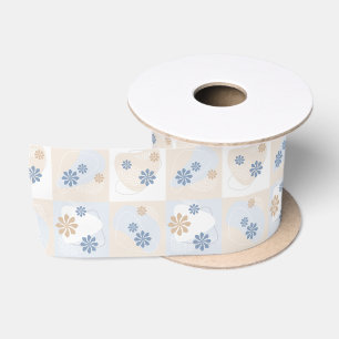 Sinaasappel en Blauwe Bloemen op Pastel Checkers Satijnen Lint