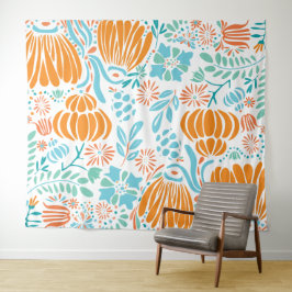 Sinaasappel en Blauwe Boho Floral Wandkleed