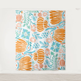 Sinaasappel en Blauwe Boho Floral Wandkleed