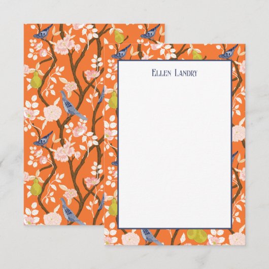 Sinaasappel en Blauwe Chinoiserie Vogels Bedankkaart (Voorkant / Achterkant)