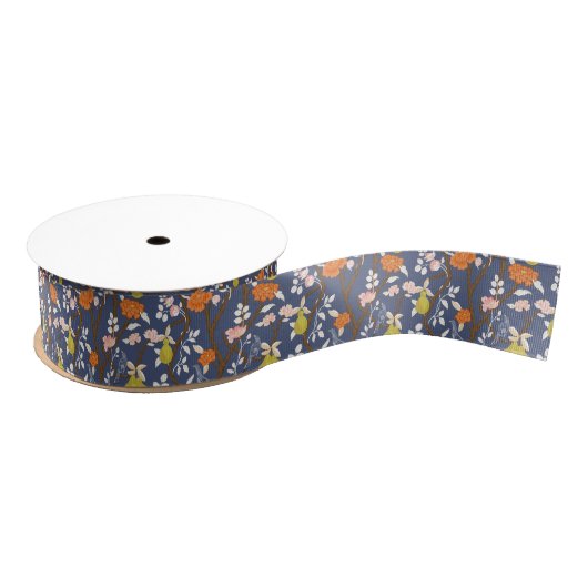 Sinaasappel en Blauwe Chinoiserie Vogels Grosgrain Lint (Spoel)