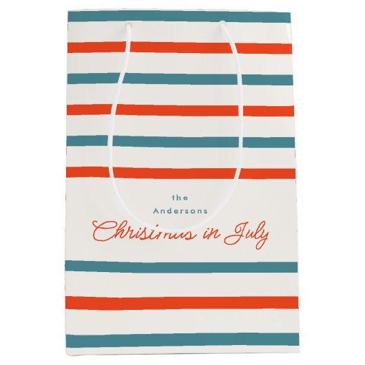 Sinaasappel en Blauwe Strepen Kerstmis in Juli Zom Medium Cadeauzakje (Voorkant)