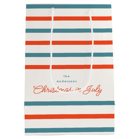 Sinaasappel en Blauwe Strepen Kerstmis in Juli Zom Medium Cadeauzakje (Achterkant)