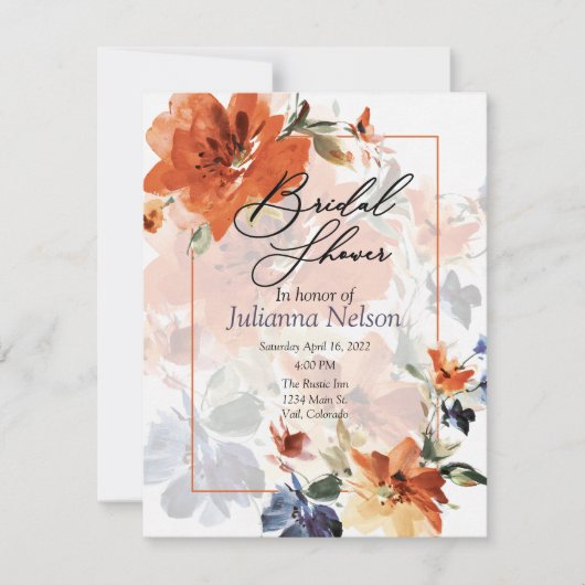 Sinaasappel en blauwe waterverf herfst floraal kaart (Voorkant)