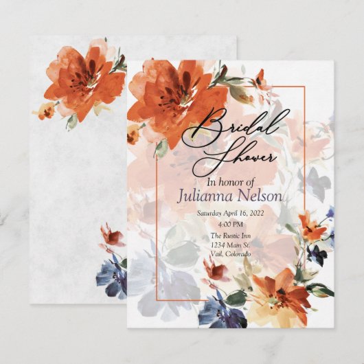 Sinaasappel en blauwe waterverf herfst floraal kaart (Voorkant / Achterkant)