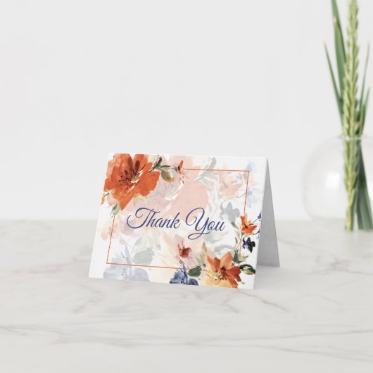 Sinaasappel en blauwe waterverf herfst florale bru bedankkaart (Voorkant)