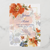 Sinaasappel en blauwe waterverf herfst florale bru folie uitnodiging (Voorkant)