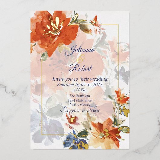 Sinaasappel en blauwe waterverf herfst florale bru folie uitnodiging (Voorkant)