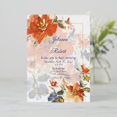 Sinaasappel en blauwe waterverf herfst florale bru folie uitnodiging (Staand Voorkant)