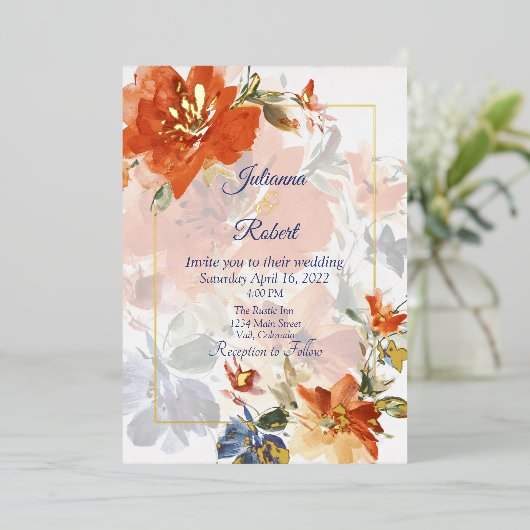 Sinaasappel en blauwe waterverf herfst florale bru folie uitnodiging (Staand Voorkant)