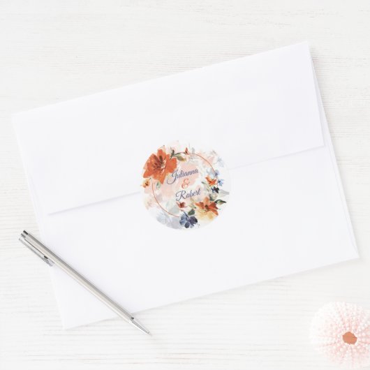 Sinaasappel en blauwe waterverf herfst florale bru ronde sticker (Envelop)