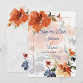 Sinaasappel en blauwe waterverf herfst florale bru save the date (Voorkant / Achterkant)