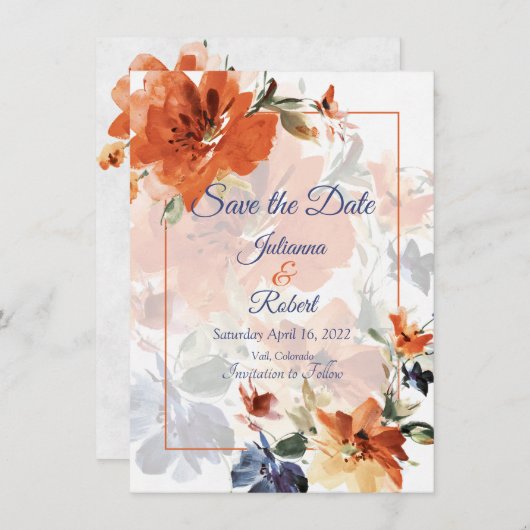 Sinaasappel en blauwe waterverf herfst florale bru save the date (Voorkant / Achterkant)
