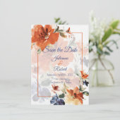 Sinaasappel en blauwe waterverf herfst florale bru save the date (Staand voorkant)