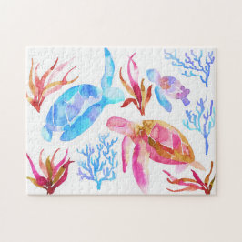 Sinaasappel en Blauwe Waterverf Schildpadden Koraa Legpuzzel