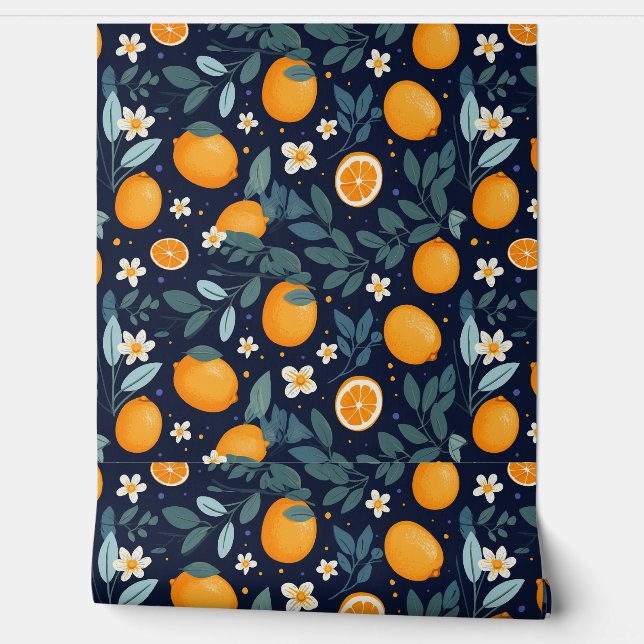 Sinaasappel en Bloemen Delight Pattern Behang (Afrollen)