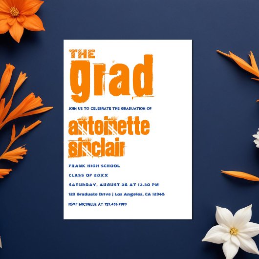 Sinaasappel en Blue Grunge Typography Graduation P Kaart