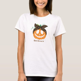 Sinaasappel en Bruin Luipaard Pompoen Halloween T-shirt