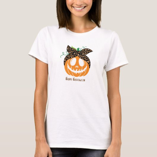 Sinaasappel en Bruin Luipaard Pompoen Halloween T-shirt (Voorkant)