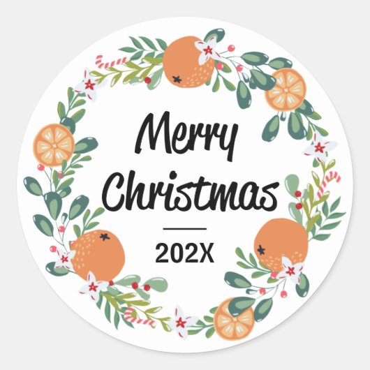 Sinaasappel en Candy Cane Vrolijk kerstkrans Ronde Sticker (Voorkant)