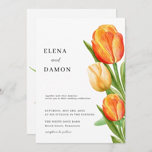 Sinaasappel en Cream Tulip Wedding Kaart (Voorkant / Achterkant)