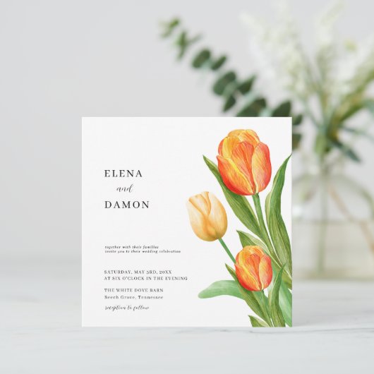Sinaasappel en Cream Tulip Wedding Save The Date (Staand voorkant)