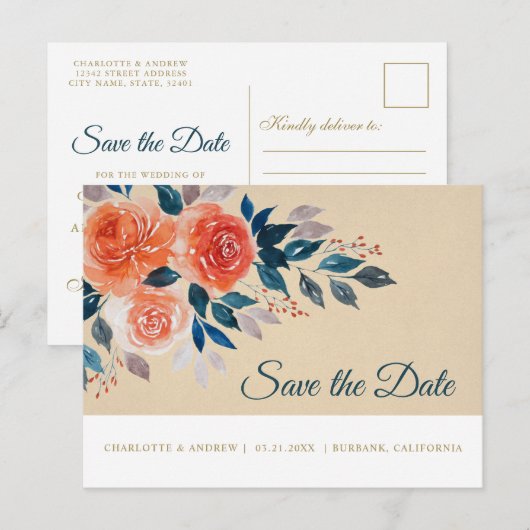 Sinaasappel en Crème Waterverf Bloemen Opslaan De  Aankondigingskaart (Voorkant / Achterkant)