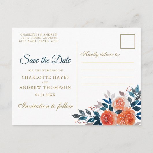 Sinaasappel en Crème Waterverf Bloemen Opslaan De Aankondigingskaart (Achterkant)