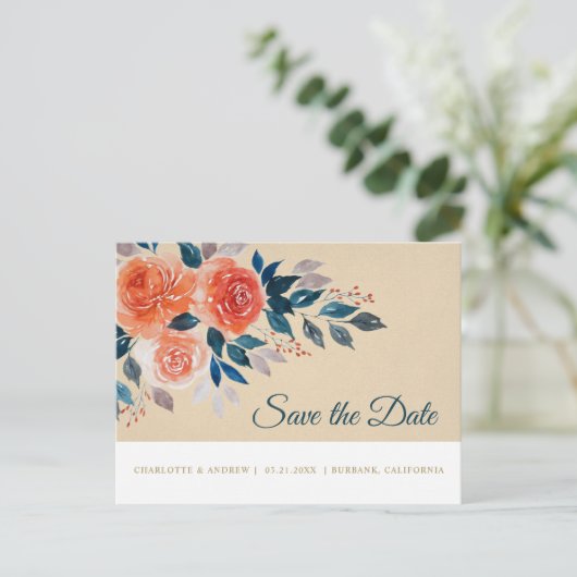 Sinaasappel en Crème Waterverf Bloemen Opslaan De Aankondigingskaart (Staand voorkant)