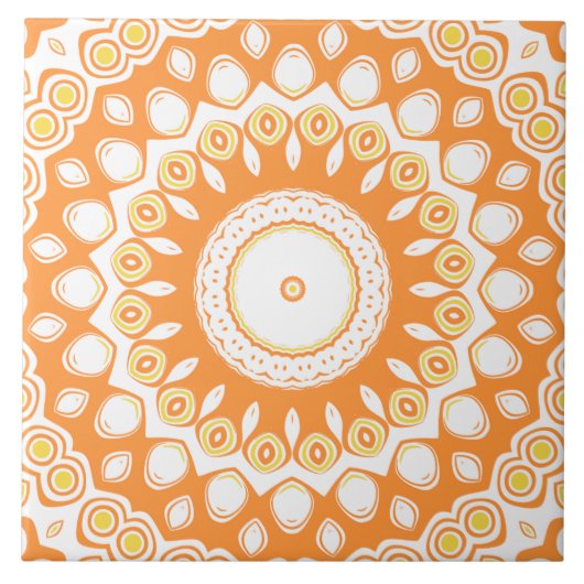 Sinaasappel en geel stralend mandala patroon tegeltje (Voorkant)