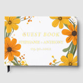 Sinaasappel en geel Wild Flowers krans bruiloft Gastenboek (Voorkant)
