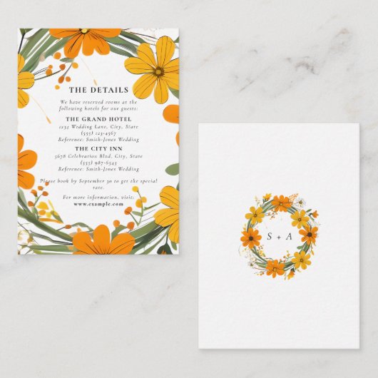 Sinaasappel en geel Wild Flowers krans bruiloft Informatiekaartje (Voorkant / Achterkant)