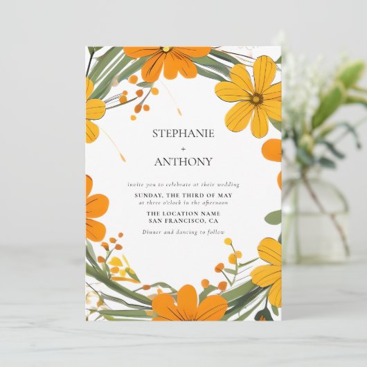 Sinaasappel en geel Wild Flowers krans bruiloft Kaart (Staand voorkant)