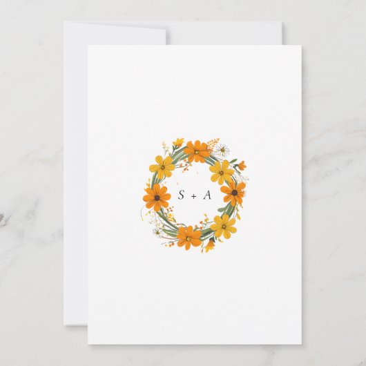Sinaasappel en geel Wild Flowers krans bruiloft Kaart (Achterkant)