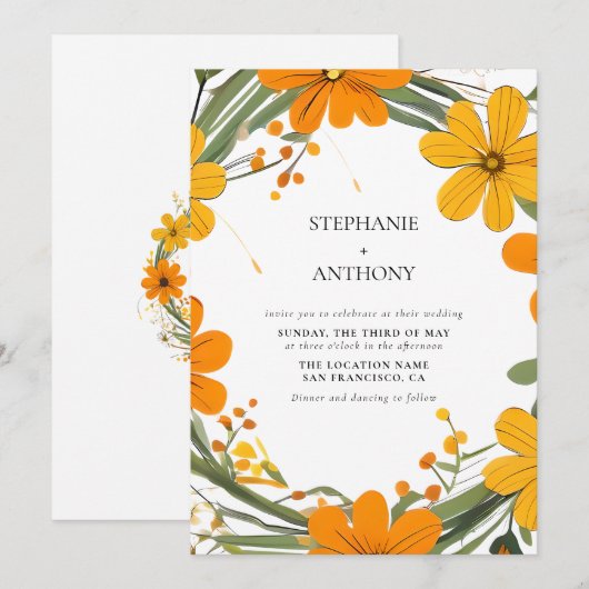 Sinaasappel en geel Wild Flowers krans bruiloft Kaart (Voorkant / Achterkant)