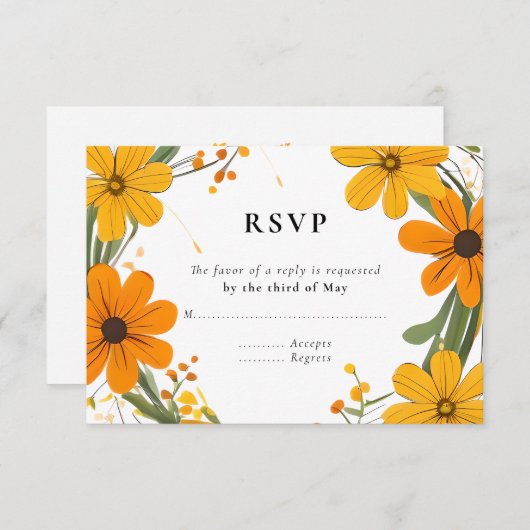 Sinaasappel en geel Wild Flowers krans bruiloft RSVP Kaartje (Voorkant / Achterkant)