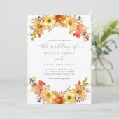 Sinaasappel en Gele Herfst Floral Greenery Wedding Kaart (Staand voorkant)