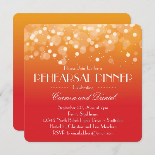 Sinaasappel en goud Bokeh Lights repetitie diner Kaart (Voorkant / Achterkant)