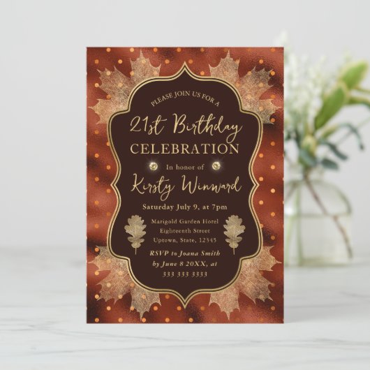 Sinaasappel en gouden herfstbladeren 21e geboorted kaart (Staand voorkant)