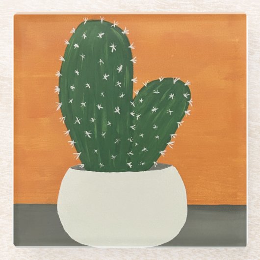 Sinaasappel en grijs Acryl Potted Cactus Glazen Onderzetter (Voorkant)